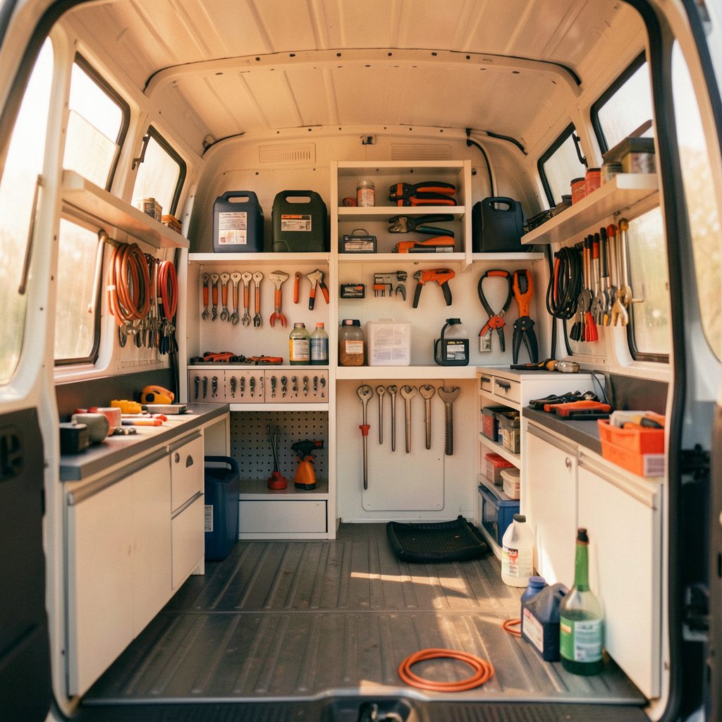 A neatly organized plumbing service van interior with tools and equipment, soft natural light, professional and clean atmosphere